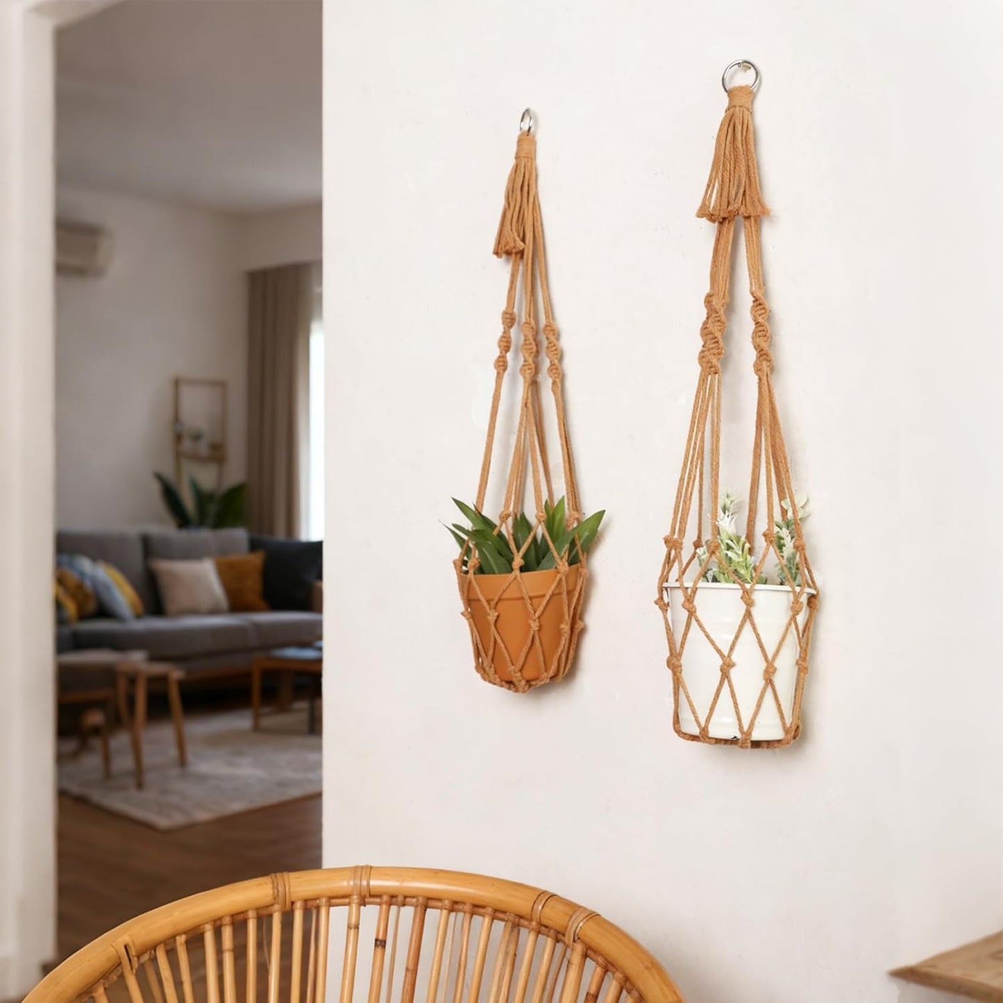 Artilady Macrame Hanging Planter for Indoor Plants, Boho Woven Plant Hanger Large Hanging Flower Pot Holders Outdoor Baskets Storage No Tassels Brown Wall Decor