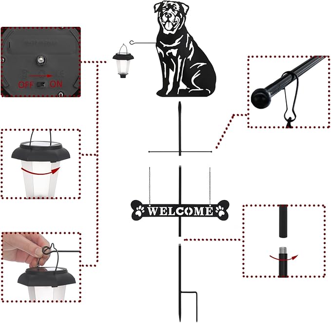 BAYN Solar Rottweiler Silhouette Dog Breed Welcome Sign with a Lantern Outdoor Decorative Garden Stakes for Yard, Lawn, Patio, Pathway