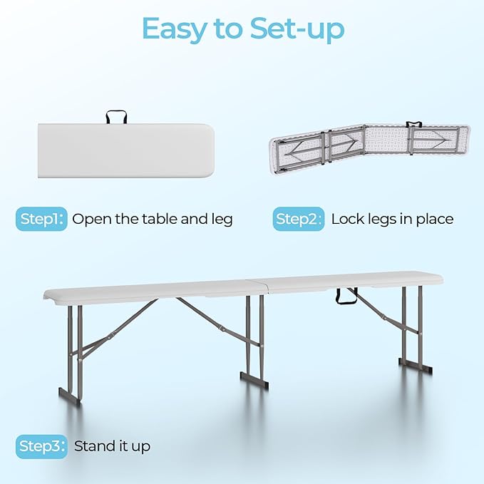 6ft HDPE Folding Bench, Foldable Seat with Sturdy Frame and Security Lock for Indoor and Outdoor, Multipurpose Entertaining Activities, Portable and Easy to Store, 2 Pack, White