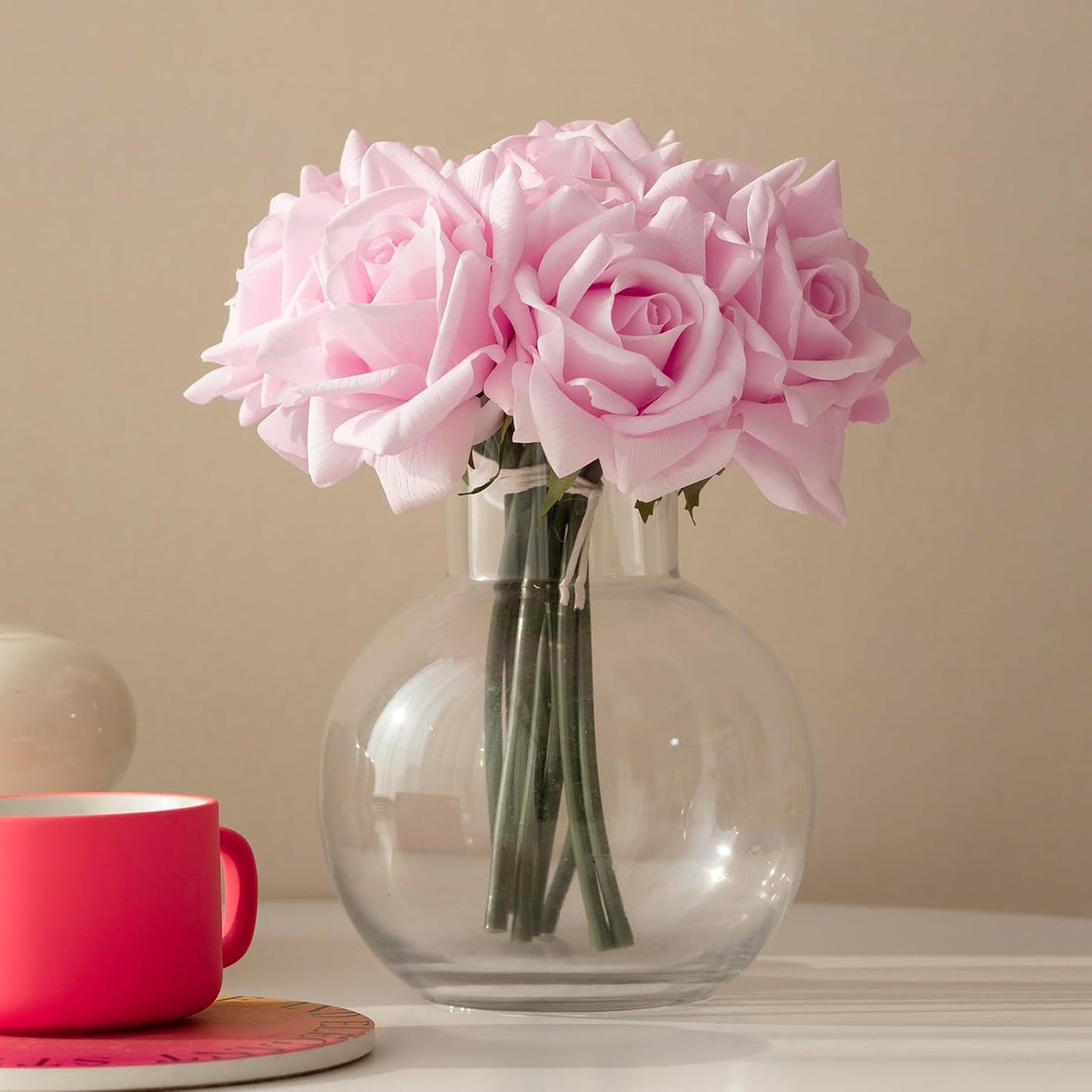 Artificial Roses Single Stem 10pcs Fake Silk Flower Arrangement Bouquet Real Touch for Home Party Wedding Decoration(Light Pink)