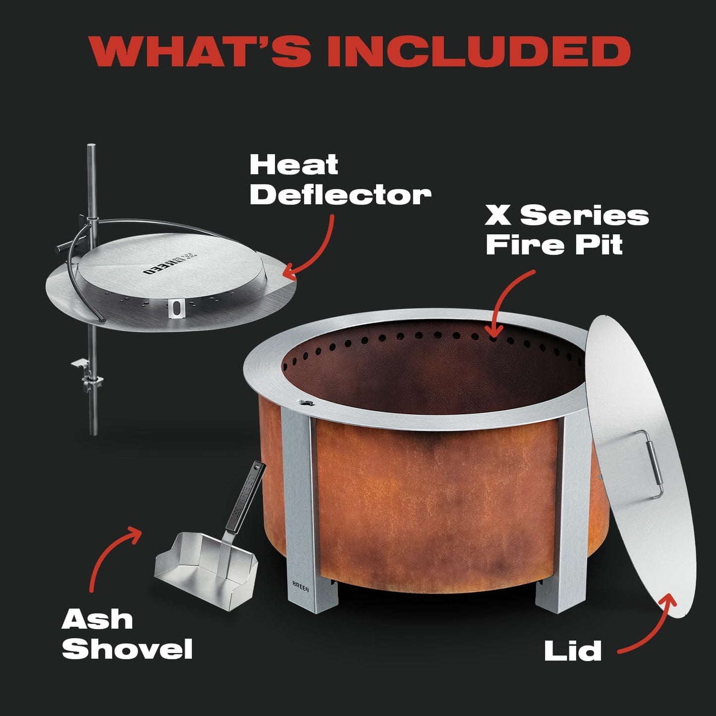 Breeo Smokeless Fire Pit Warmth Bundle (X Series 24 Corten Steel, Heat Deflector, Ash Shovel, & Lid) | 27.5 inch Smokeless Firepit for Outside | Ideal for Families