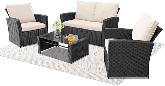 4 Piece Outdoor Patio Furniture Set,Wicker Conversation Sets Outdoor Sectional Patio Sofa Couch with Cushions & Coffee Table for Outside, Garden, Balcony, Porch,Black/Beige