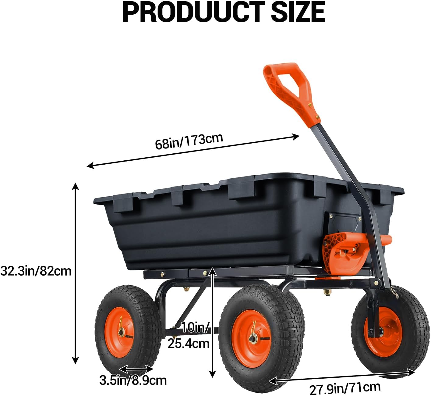 800 lbs Poly Garden Dump Cart, Heavy-Duty Wheelbarrow with 10-Inch Tires, 180° Rotating Handle, Steel Frame and Quick Release System Garden Dump Cart for Soil Plants Gardening Tools Wood