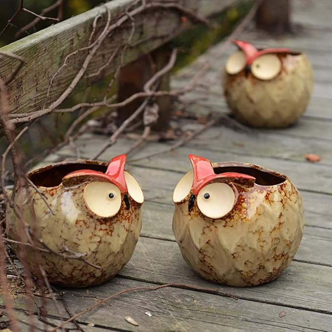 GeLive Owl Planter Ceramic Succulent Plant Pot Fun Animal Flower Container Decoration Tabletop Decor Windowsill Box with Drainage Hole (Round Owl Planter)