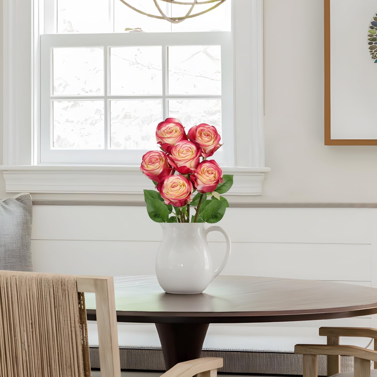 Briful Roses Artificial Flowers– 6PCS 18.9" White Red Rose Silk Flowers with Long Stems Realistic Fake Rose Bouquet for DIY Wedding Arrangements Table Vase Centerpieces Home Event Decor