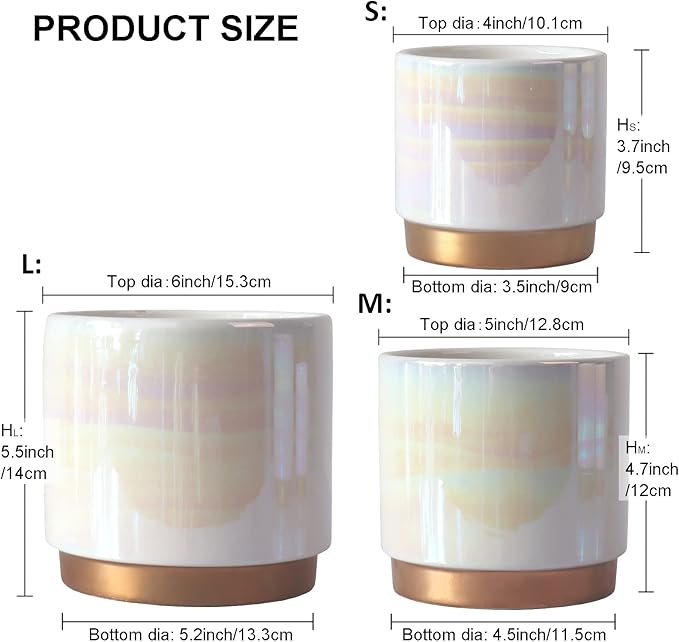 Gepege White Indoor Pots for Plants, Ceramic Planter with Drainage Hole, 6.0 inch+5.0 Inch+4.0 Inch. Succulent Orchid Flower Pot - Rainbow Pearl Glaze