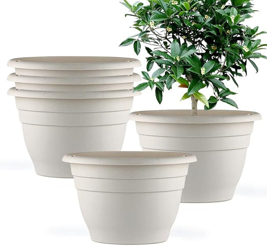 5-Pack 10 inch Garden Pots, Round Flower Pots with Drainage Holes, Thick Sturdy Traditional Plastic Planters Indoor and Outdoor(White)