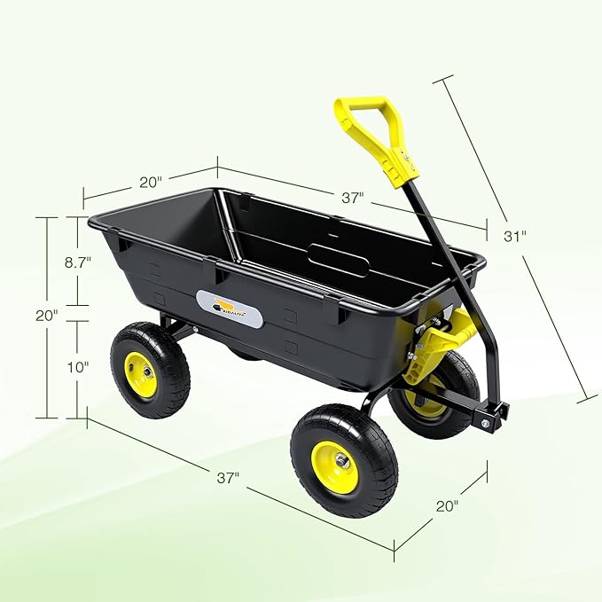 Garden Dump Cart, Heavy-Duty Utility Wagon with 900 lb Capacity, 5 Cu Ft Bed, 10" Pneumatic Tires, 180° Pivot Steering for Yard, Lawn, and Beach Use