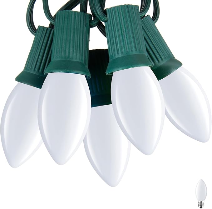 Brightown C7 Pure White LED Christmas Lights, 25Ft Vintage String Lights with 25+1 Plastic Bulbs, E12 Candelabra Base, Outdoor Retro Style Hanging Lights for Xmas Patio Fence Roofline Holiday