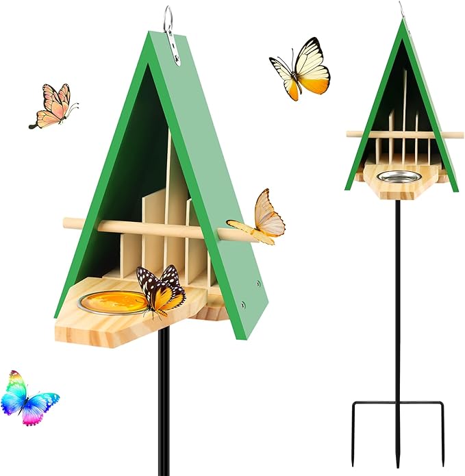 2025 New Butterfly House and Feeder for Outside, Wooden Butterfly House with Metal Stake for Garden, Natural Butterfly Habitat with Butterfly Puddler on The Floor or Hanging on Tree Wall