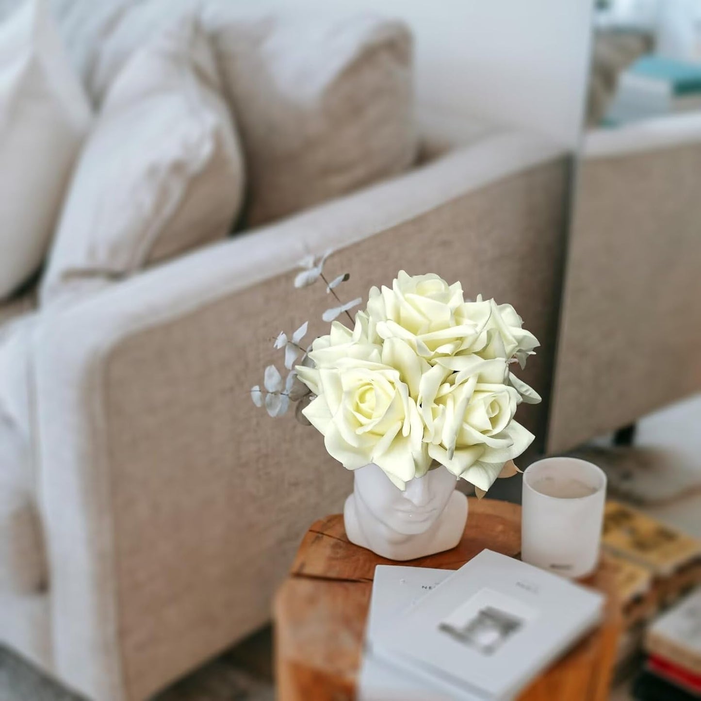 Artificial flower real touch roses feel and look realistic fake roses with short stems, suitable for gift, for wife girlfriend mom friends, Indoor home table，cake, hotel, car decoration (white)