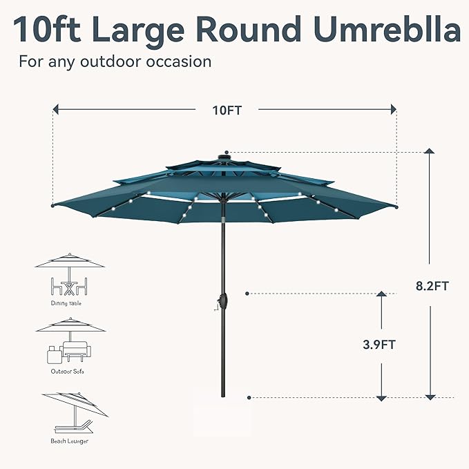 GREEN PARTY 10ft Outdoor Patio Umbrella, Auto-Tilt Market Table Umbrellas with Crank, 8 Sturdy Ribs & 1.5" Pole UV Protection for Garden Deck Backyard Pool