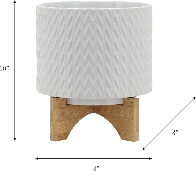 8" Ceramic Planter on Wooden Bamboo Stand - Contemporary White Chevron Design for Indoor or Outdoor Plants, Succulents, Cactus