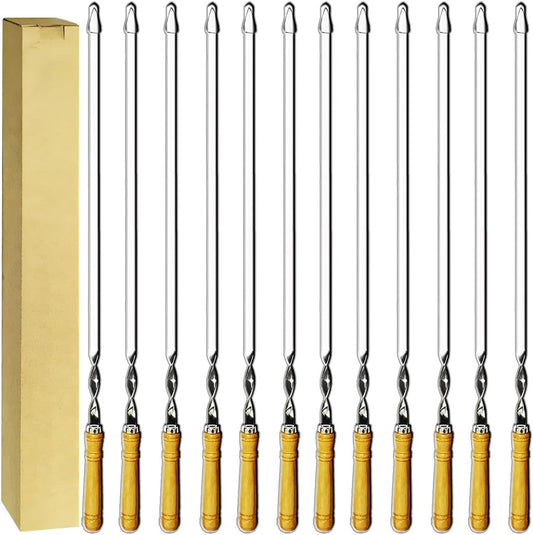Antallcky 12 Pack Kebab Skewers 22 Inch BBQ Barbecue Skewers Stainless Steel Sticks Heavy Duty Large Wide Reusable with Nonslip Wooden Handle Ideal for Shish Kabob Chicken Shrimp and Vegetables