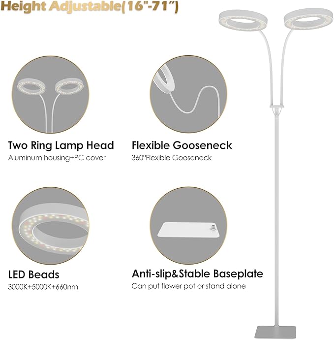 GLOWRIUM Grow Light with Stand,2-Head LED Plant Light for Indoor Plants, Full Spectrum Grow Lamp, 3/9/12H Timer, 6 Dimmable Levels, 3 Lighting Mode, Adjustable Height White