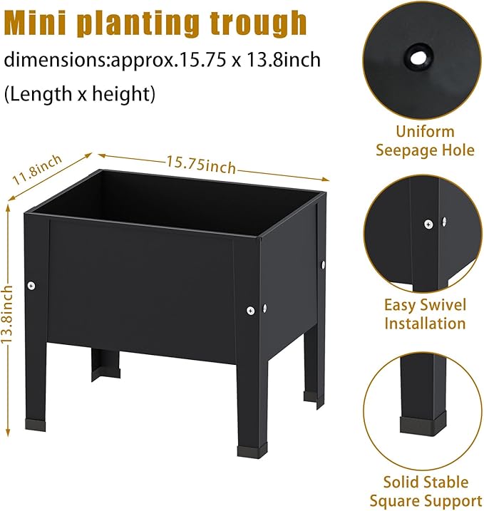 aboxoo 2 Packs 14 Inch Small Planter Raised Garden Bed with Legs,Outdoor Metal Planter Box for Patio,Elevated Garden Bed for Vegetables Flower Herb(Black)