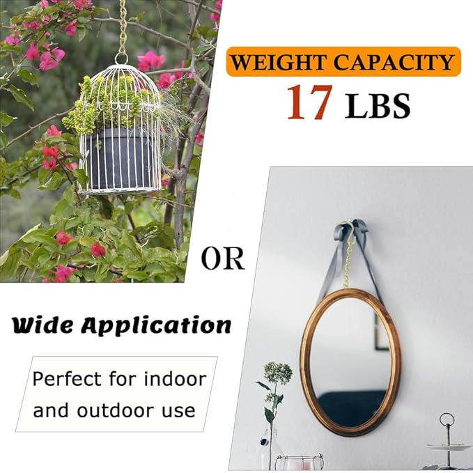 197 Inch Gold Hanging Baskets - Adjustable Length, Brass Decorative Metal Chain with A Great Assortment of Hooks for Hanging Bird Feeders Planters Baskets Billboards Ornaments, Chain Hooks DIY