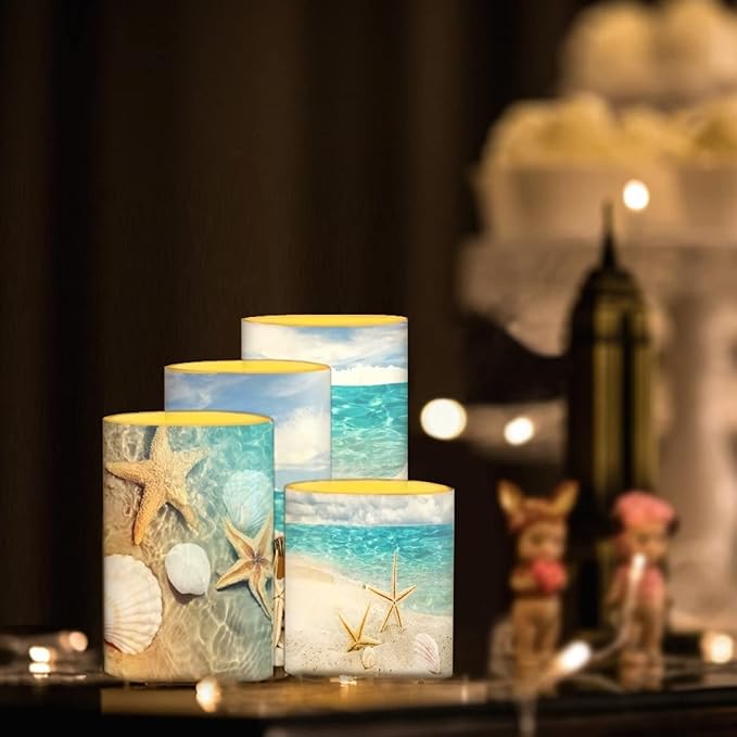 Black Flameless LED Battery Candles 4PCS Pillar Candles with 18-Key Timer Remote Colorful Light for Christmas Party Celebration Decor, Seawater Starfish