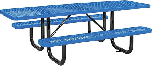 Global Industrial 8'L Rectangular Picnic Table, ADA Compliant, Expanded Metal, Blue Thermoplastic Coating, Attached Benches, 1-1/2” Umbrella Pole Hole, Outdoor-Rated