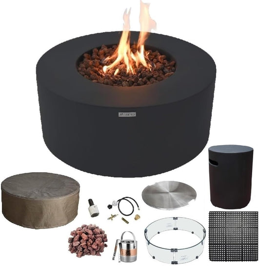 AMS Fireplace | Modeno Venice Package | Black Liquid Propane Gas Fire Pit Table for Outdoor Patio Bundle with Tank Cover, Wind Guard, and SS Burner Lid | Free Rubber Mat & Ice Bucket