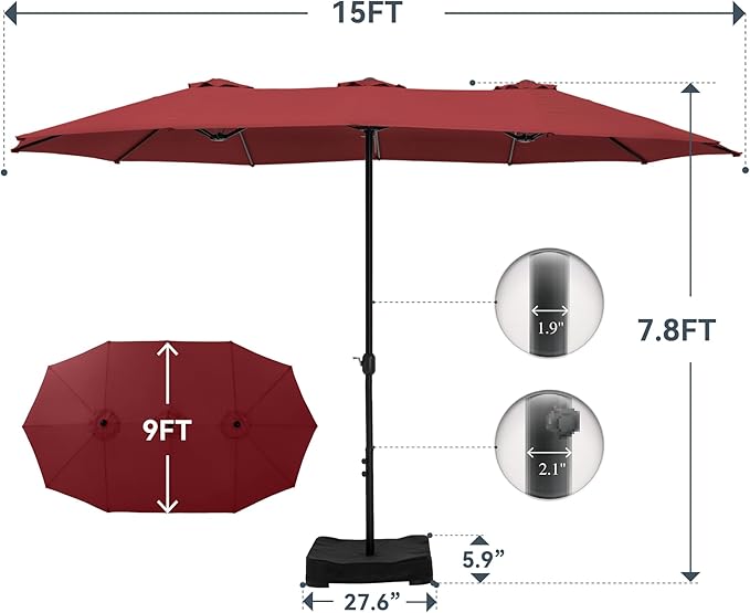 GREEN PARTY 15 ft Rectangle Patio Umbrella with Base Included, Double-Sided Table Umbrella with Crank, Large Outdoor Umbrellas for Patio Poolside Garden Backyard, Burgundy Red