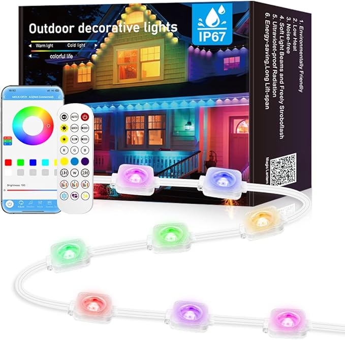 50ft Permanent Outdoor Lights for House, IP67 Waterproof RGB+IC LED Eaves Lights, 54 Scene Modes Outdoor Lighting for Christmas Garden Party Holiday Decorations, with App/Remote Control