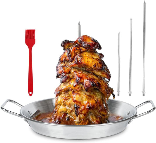 BBQ Vertical Skewer Pan Stainless Steel Gyro Spit Shawarma Stand for oven, Al Pastor Skewer for Grill, El Pastor Hack for Tacos Al Pastor Chicken, Brazilian, with 8",10",12" stick