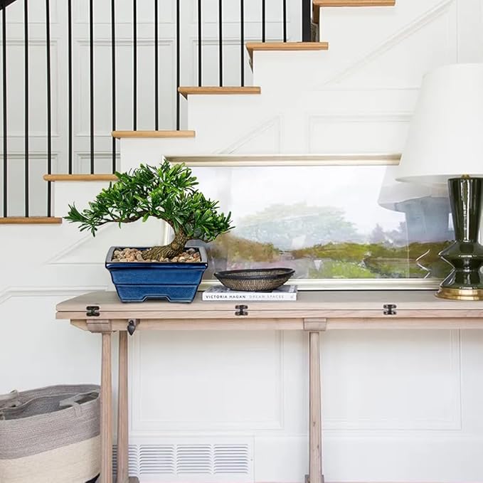 Artificial Bonsai Tree Faux Plants Indoor Small Fake Plants Decor with Blue Ceramic Pots for Home Table Office Desk Bathroom Shelf Bedroom Living Room Farmhouse Decorations