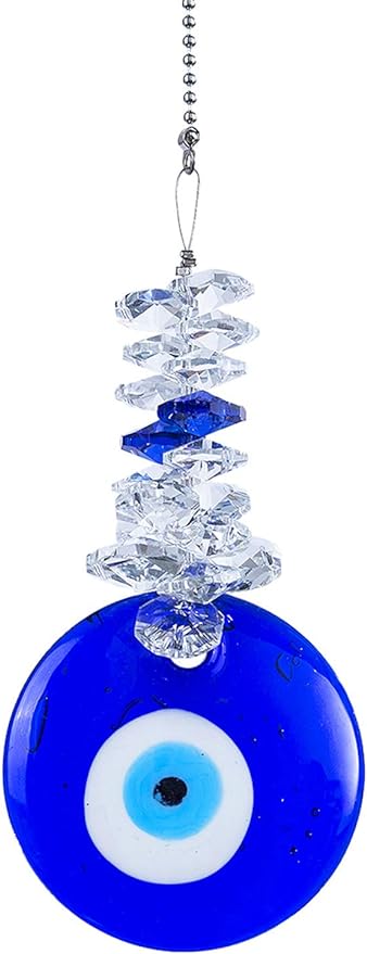 Blue Glass Evil Eye Talisman with Crystal Beads - Good Luck Charm, Home, Office, Car Decoration, Blessing Ornament, Reflects Negative Energy
