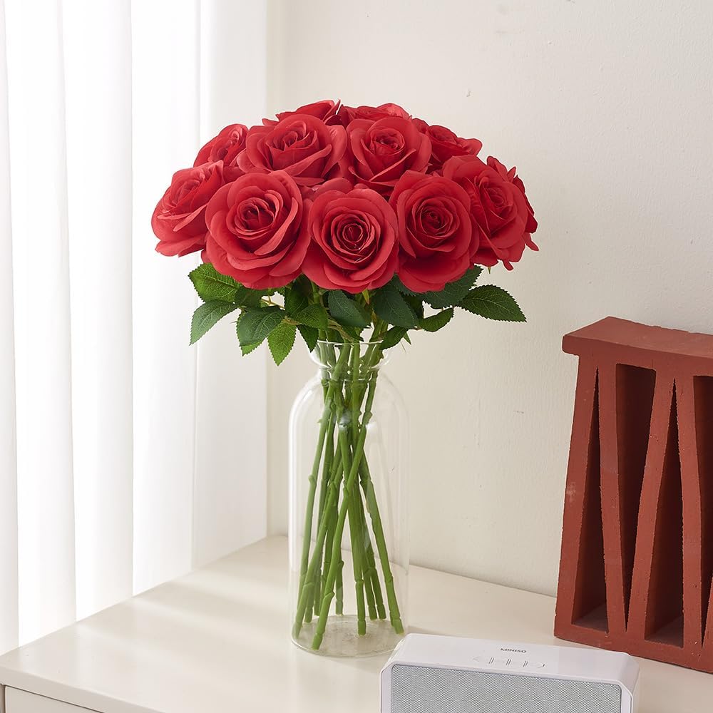 12pcs Roses Artificial Flowers Fake Roses Red Silk Roses Flowers Rose with Long Stems for Wedding Home Party Centerpieces Decorations