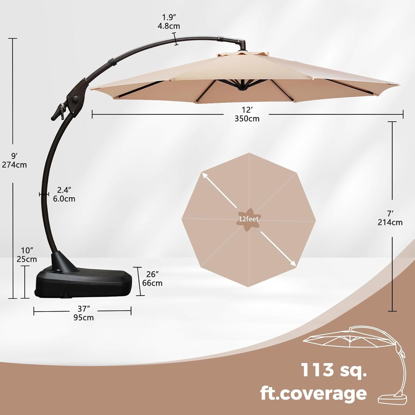 Grand patio 12FT Offset Umbrella Outdoor Round Aluminum Cantilever Umbrella with Base for Garden Deck Poolside (Champagne, 12 FT)