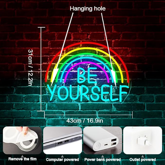 Be Yourself Neon Sign Be Yourself Neon Signs for Wall Decor Dimmable Rainbow Neon Lights Classroom LED Light Up Sign for Bedroom Bookstore Reading Room Library Study Room Decoration