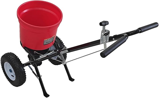 50lb Broadcast Spreader, Capacity Lawn Spreader & Fertilizer Spreader, Rustproof Poly Hopper, Adjustable Drop Rate, All-Terrain Pneumatic Tires, Epoxy-Coated Frame for Lawn Care, Red