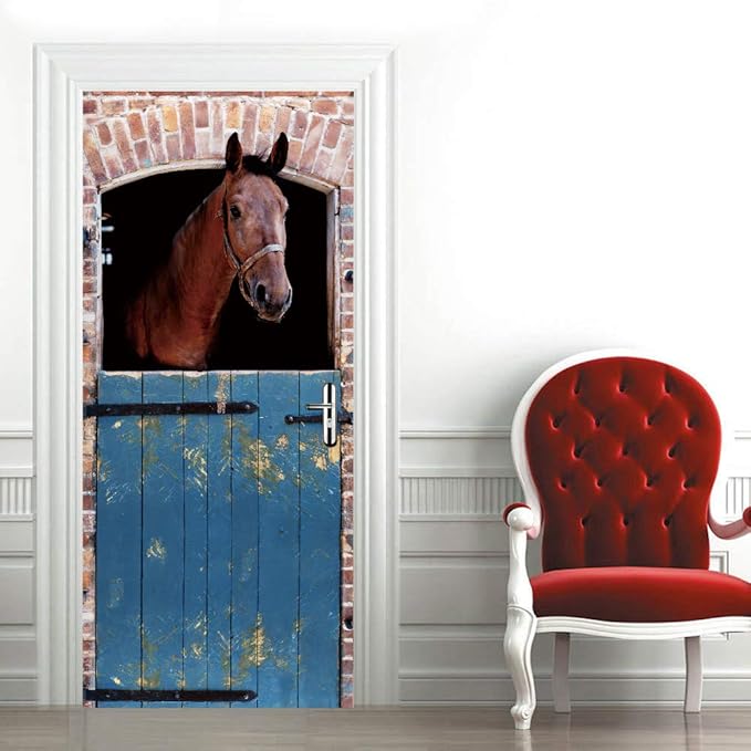 3D Horse Door Sticker Mural - Blue Rustic Matte Finish - Waterproof & Washable - Peel & Stick - Removable - 37.4" x 82.7" - Wall & Door