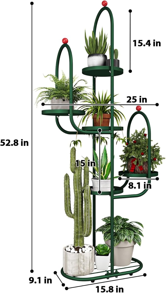 Bamworld Cactus Plant Stand Indoor for Succulents Cactus Tree Cactus Shelf Tall Plant Shelf Outdoor Corner Metal Plant Rack for Patio Garden Balcony Living Room Decor Green