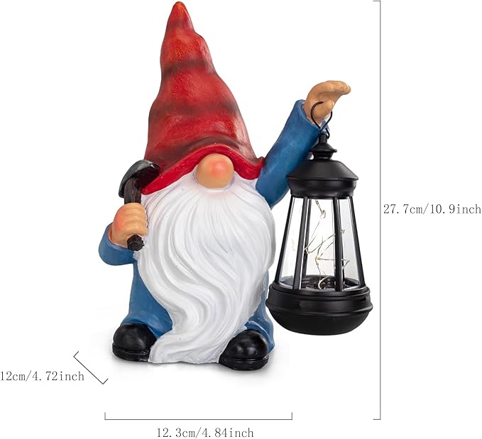 Garden Gnome Statue Solar Light Outdoor Decorations Figurine with Lantern Led Shovel Sculpture Lawn Patio Yard Porch Outside Christmas Housewarming Gifts for Women Mom Grandma