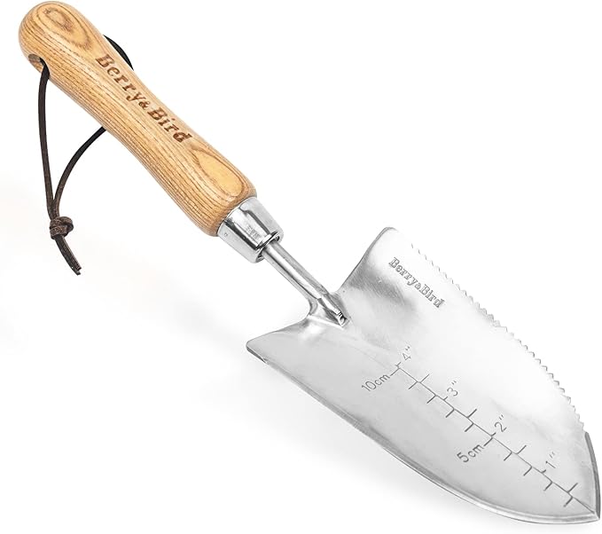 Garden Serrated Planting Trowel, Multifunctional Shovel with ash Wood and Stainless Steel Digging Trowel Transplanter