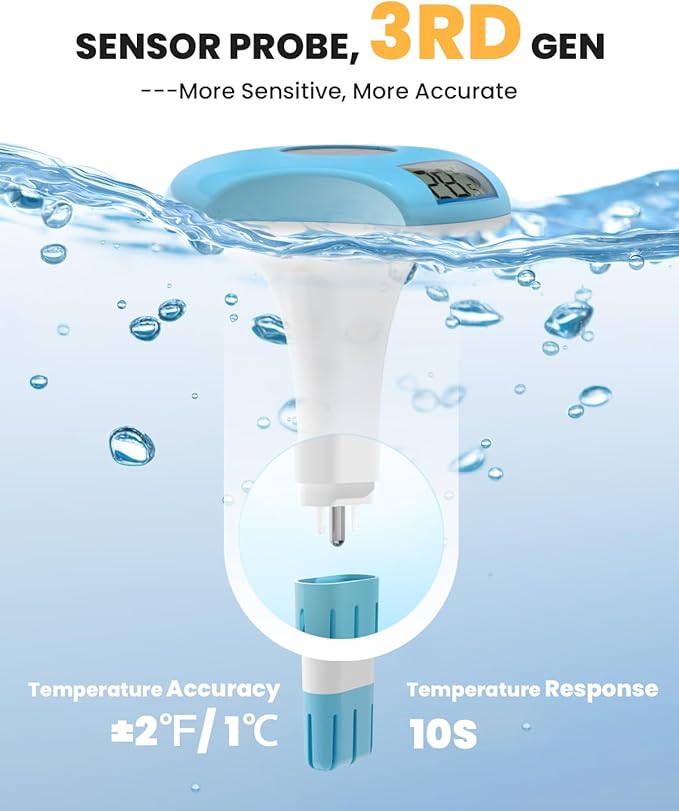 BALDR Pool Thermometer Floating Easy Read, IPX8 Waterproof, Solar Powered Digital Pool Thermometer with LCD Screen,Suitable for Swimming Pool/Hot Tub/Hot Spring/Aquarium (Blue)
