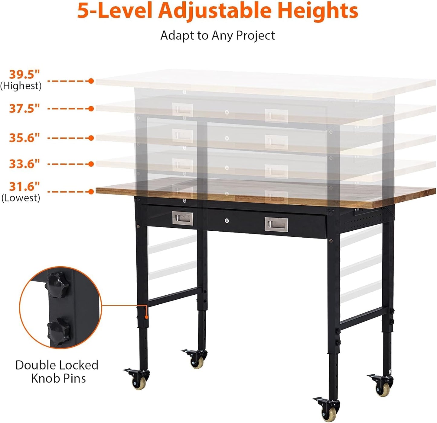 60'' Adjustable Workbench, Heavy Duty Workbench with Drawer and Backplate, 2000 LBS Capacity Work Table with Power Outlet and Lockable Wheels, Suitable for Office, Garage, Workshop