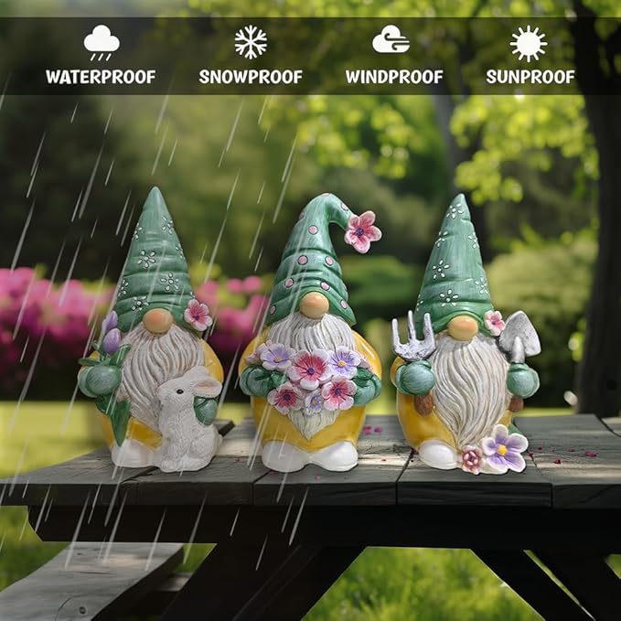 Garden Guardians Set of Three 6" Gardening Gnome Figurines, Floral Green and Yellow Statue Decor