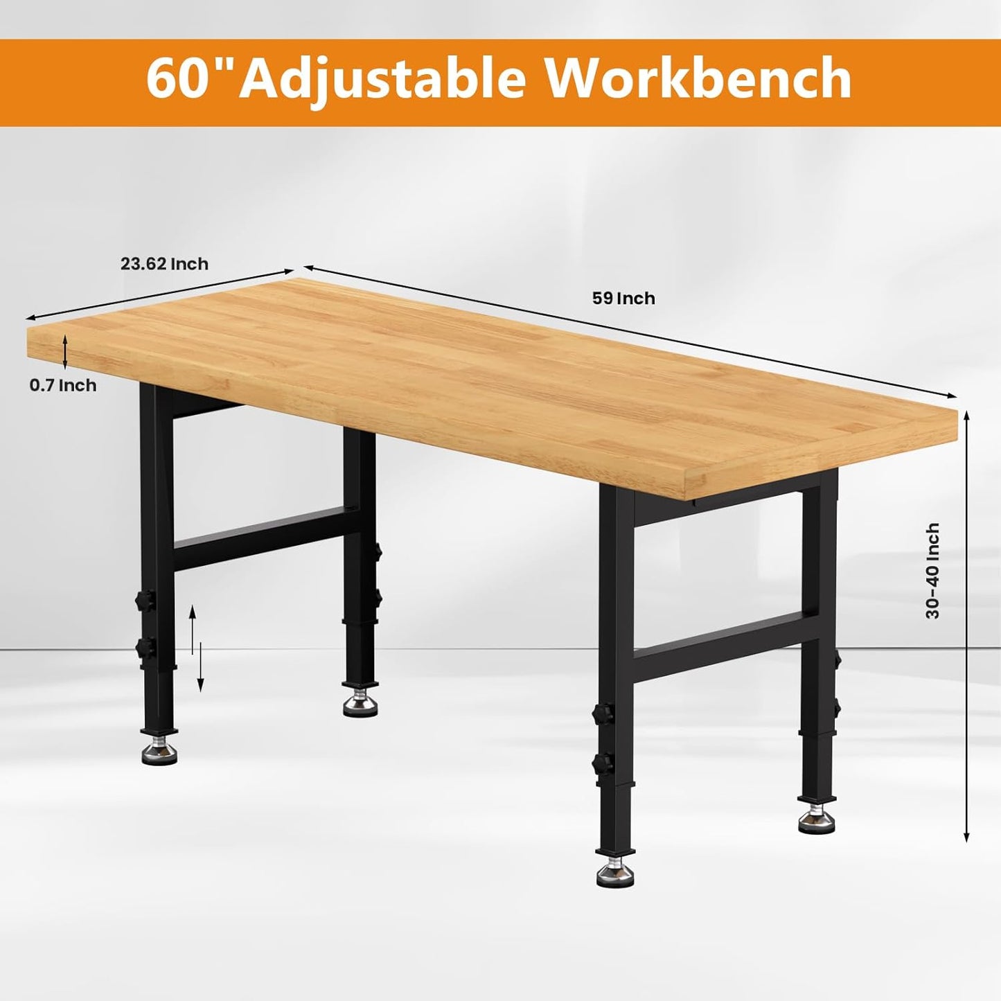 60" Work Bench, Adjustable Height Workbench with Rubber Pad, Heavy-Duty Work Table with Power Outlets, 2000 LBS Capacity Workstation for Garage, Workshop, Office, Home