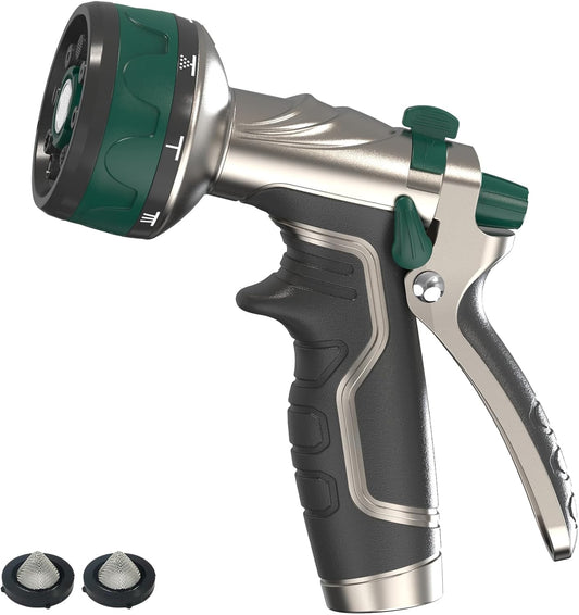 Garden Hose Nozzle, Heavy Duty Metal Water Hose Sprayer Nozzle with 8 Spray Patterns, High Pressure Handheld Nozzle with Flow Control for Lawn & Plant Watering, Car Washing – Forest Green