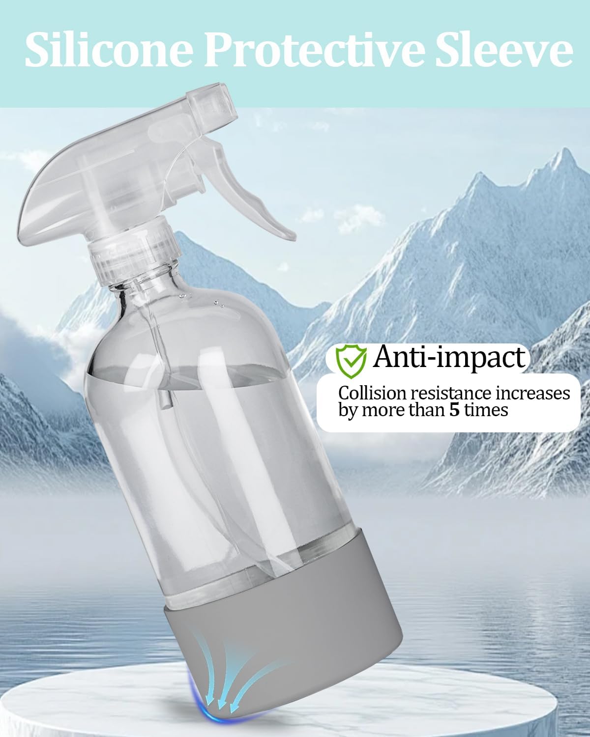 2 Pack 360° Glass Spray Bottles with Silicone Sleeve, 16 oz Empty Refillable Containers with Adjustable Spray Nozzles, Spray Bottles for Hair, Cleaning Solutions and Plants Grey