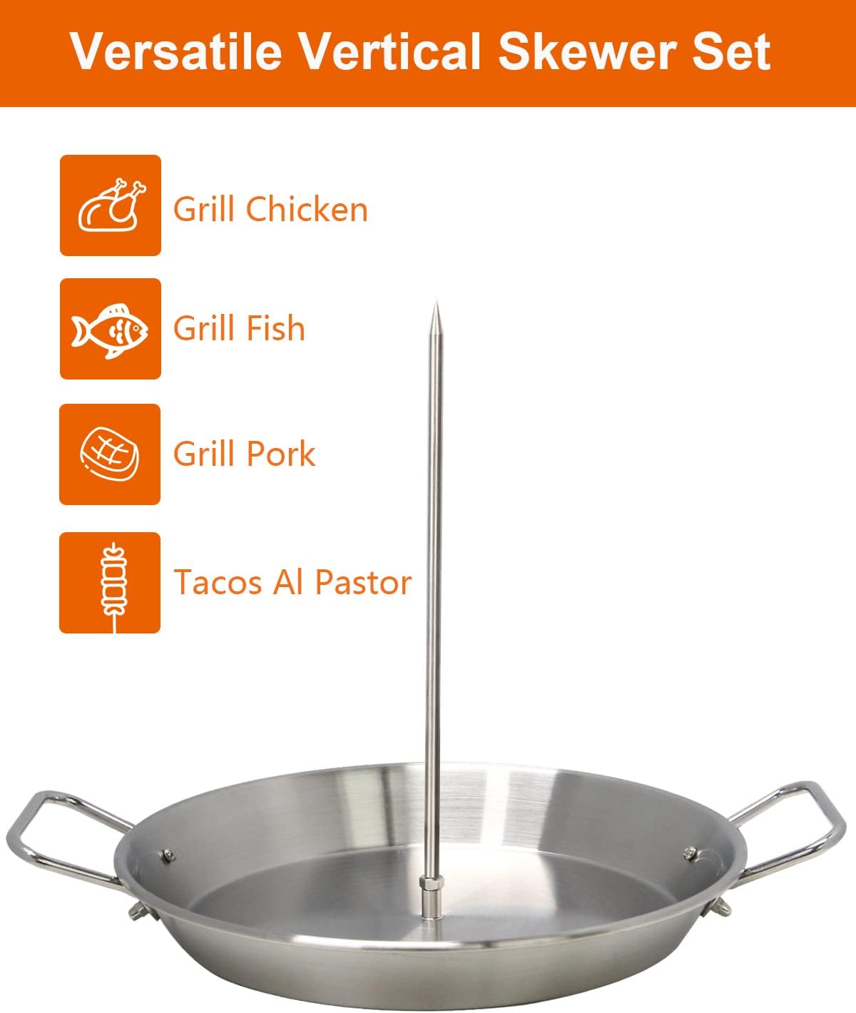 BBQ Vertical Skewer Pan Gyro Spit Stand for oven, Al Pastor Shawarma Skewer for Grill, El Pastor Hack for Tacos Al Pastor Chicken, Brazilian, Stainless Steel, with 8",10" and 12" stick