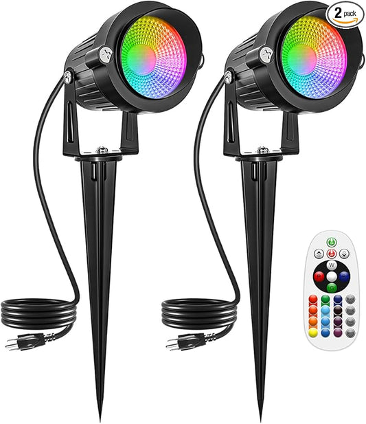 Halloween RGBW Outdoor Spotlights for Yard,10W Color Changing Landscape Lights with Remote Control 120V LED Landscape Lighting Waterproof Spotlight with Plug Tree Garden Path Decoration (2Pack)