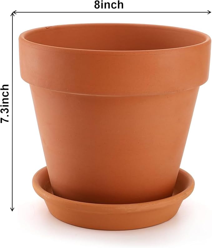 2 Pack Large Terracotta Pots with Saucer for Plants, 8 Inch Terra Cotta Plant Pot with Drainage Hole, Clay Flower Planter Pot with Tray for Indoor Plant