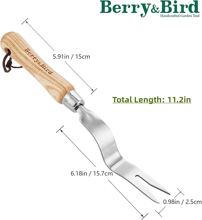 Berry&Bird Hand Weeder Tool, Stainless Steel Gardening Weed Puller, 12.1" Manual Weeding Removal Cutter Tool with Ash Wood Handle for Planting, Weeding, Flower & Vegetable Care in Garden Lawn Yard
