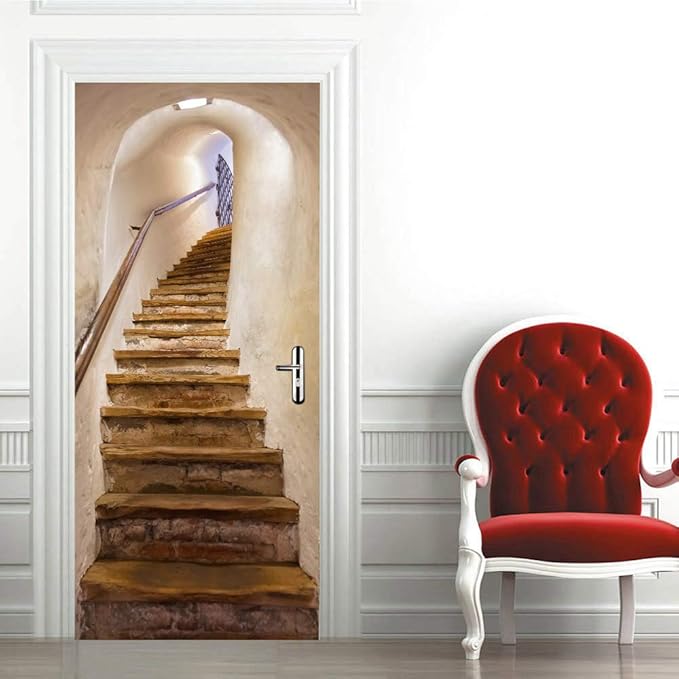 3D Staircase Door Mural - Waterproof & Washable - Matt Finish - Realistic - White - 31.5" x 78.7" (2 Parts)
