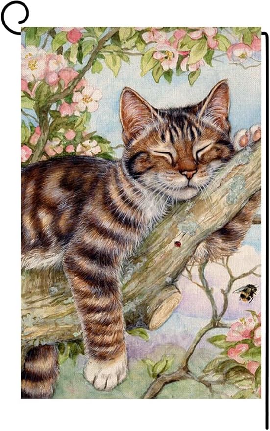 BLKWHT Spring Cat Garden Flag 12x18 Vertical Double Sided Pink Floral Farmhouse Holiday Outside Decorations Burlap Yard Flag BW573