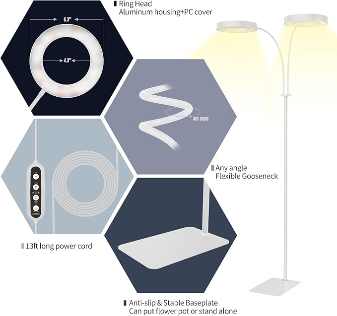 GLOWRIUM Indoor Grow Light, 40 Watt Full Spectrum LED Plant Growth Light with Stand, Adjustable Height with Timer 3/9/12 hrs, White LED Plant Lamp